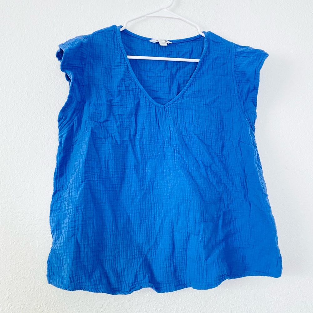 🍓 Three Dots V-Neck Gauzy Lagenlook Cotton Flutter Sleeves Boxy Fit Top Large